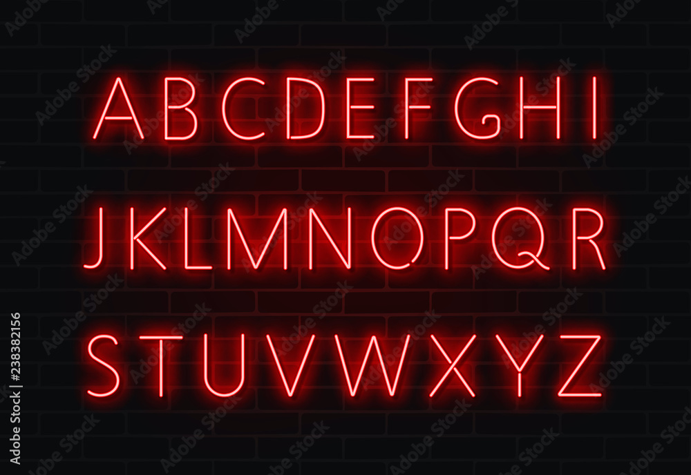 Neon font vector. Light alphabet text sign set. Glowing night font for bar, casino, party. Red wall 