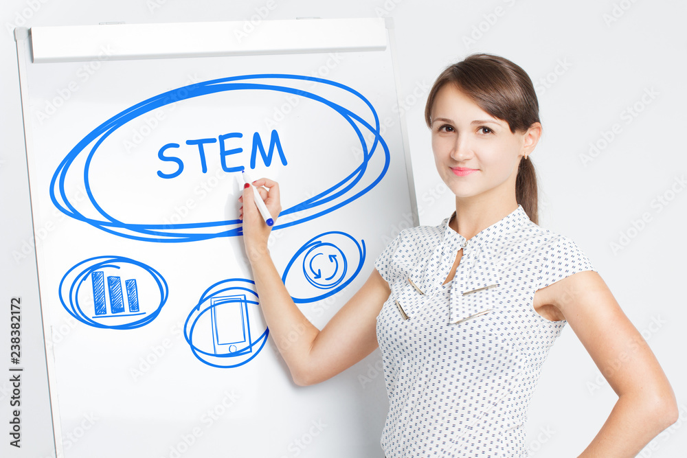 Business, Technology, Internet and network concept. A young entrepreneur writes on the blackboard the word: STEM Business, Technology, Internet and network concept. A young entrepreneur writes on the blackboard the word: STEM