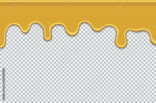 Liquid gold drip. Metal melt. Pouring oil. Honey flowing down. Vector illustration isolated on transparent background.