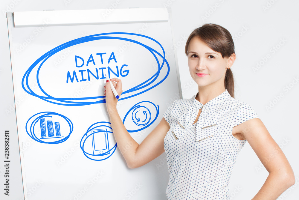 Business, Technology, Internet and network concept. A young entrepreneur writes on the blackboard the word: Data mining Business, Technology, Internet and network concept. A young entrepreneur writes on the blackboard the word: Data mining