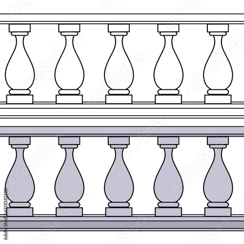 Seamless horizontal background of balusters and railings color and outlined for coloring