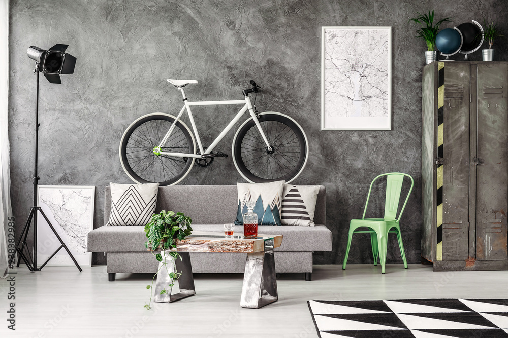 Φωτογραφία Dark industrial living room with grey couch and white bike