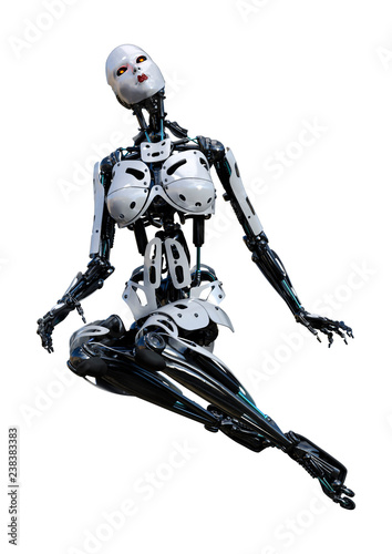 3D Rendering Female Robot on White