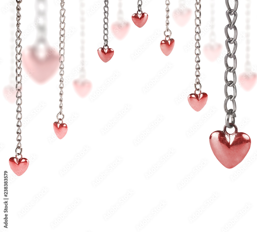half frame from red hearts and long chains on white half frame from red hearts and long chains on white