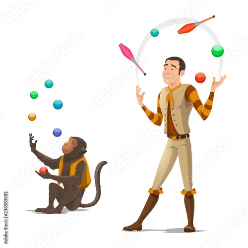 Circus juggler and monkey juggling balls