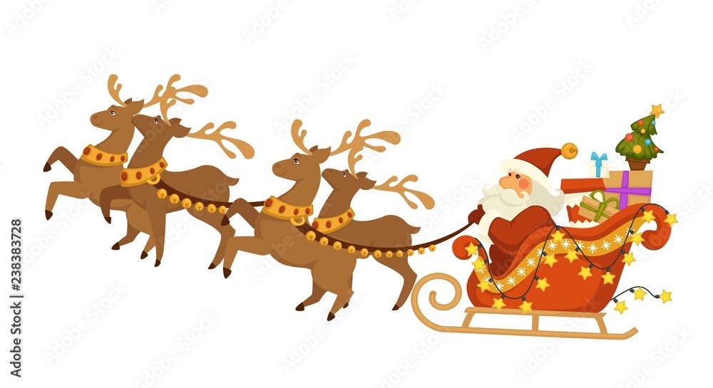 Obraz premium Santa Claus and deers with sleigh flying over winter snowy forest