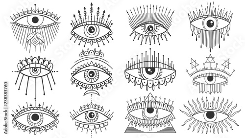 Evil Seeing eye symbol set. Occult mystic emblem, graphic design tattoo. Esoteric sign alchemy, decorative style, providence sight.