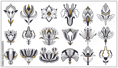 Art nouveau and art deco floral ornaments, modern flower vintage elements. Retro decoration style. Symbol tattoo.