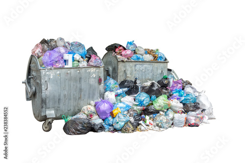 Dumpsters being full with garbage and big pile of garbage in black blue trash bags isolated on white background. Ecology concept. Pollution environment disaster