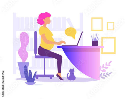 Pregnant woman working in office Vector. Cartoon. Isolated art on white background. Flat