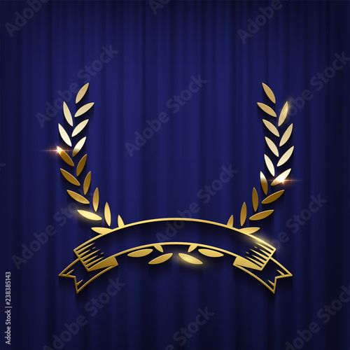 Golden laurel wreath and ribbon isolated on blue curtain background. Vector award ceremony poster template.