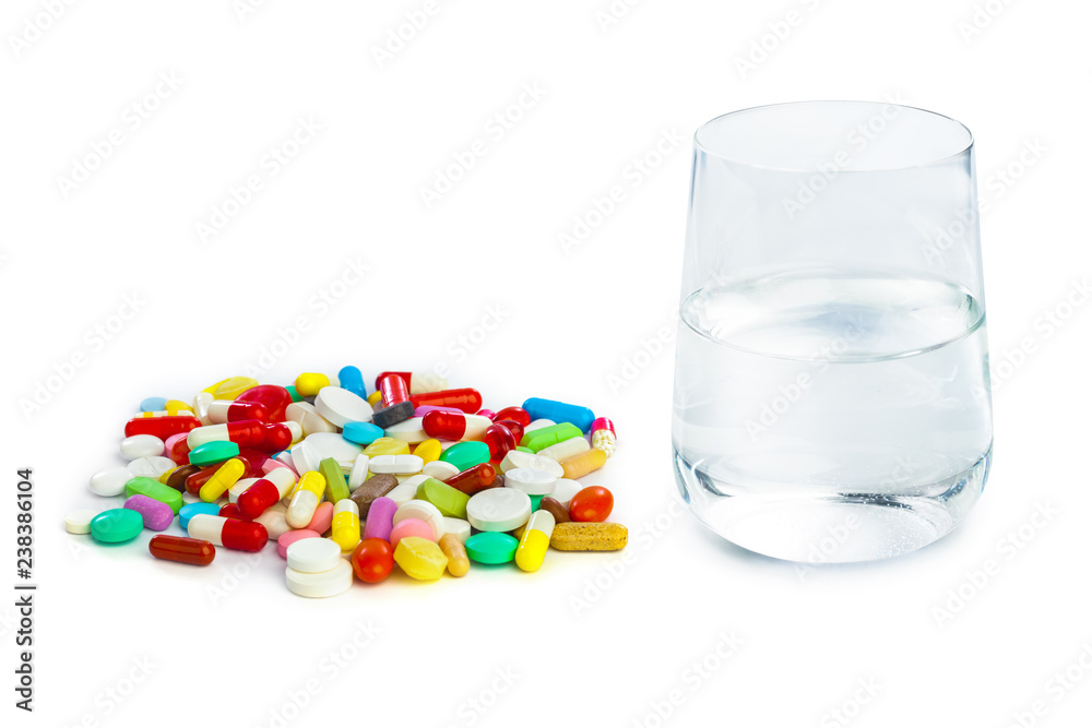 Heap of pills and water Heap of pills and water