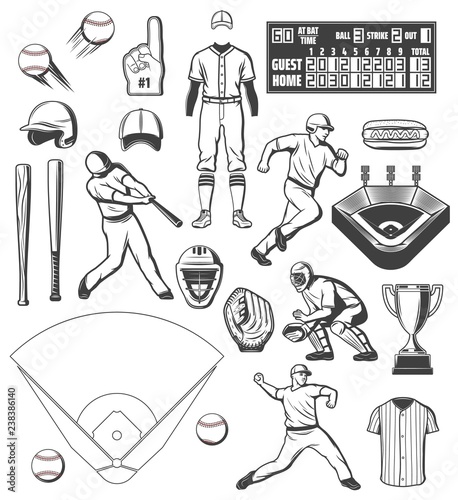 Baseball sport equipment and players outfit icons