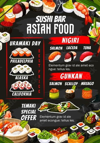 Sushi bar rolls, sashimi and maki menu