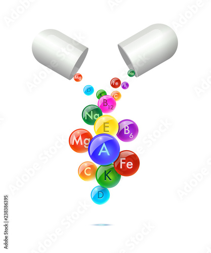 Opened white pill with falling colorful vitamin balls isolated on white background. Vector pharmacy illustration.