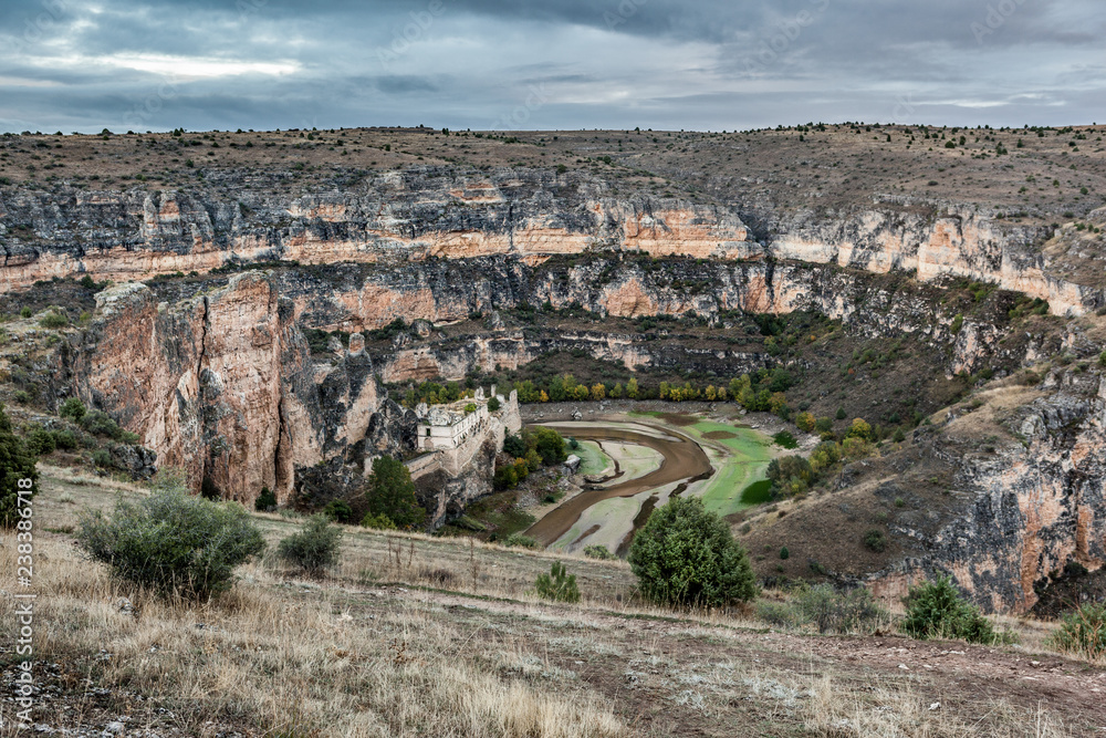 View of Duraton Canyon and Nuestra Señora de los Angeles Monastery, Segovia. Castilla Leon, Spain.
