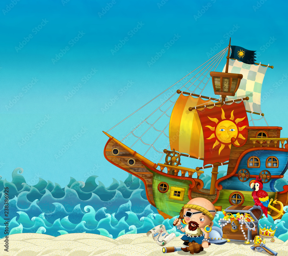 Naklejka premium Kreskówka scena plaży w pobliżu morza lub oceanu - kapitan piratów na brzegu i skrzynia skarbów - statek piracki - ilustracja dla dzieci