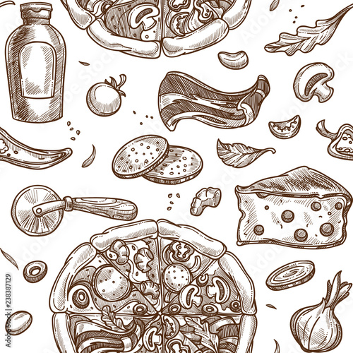 Italian pizza prepared dish and ingredients monochrome sketch outline