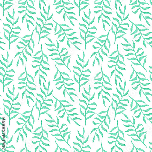 Tender watercolor seamless pattern with emerald leaves and branches on white background. Blue green botanical texture for textile, wrapping paper, print design, surface