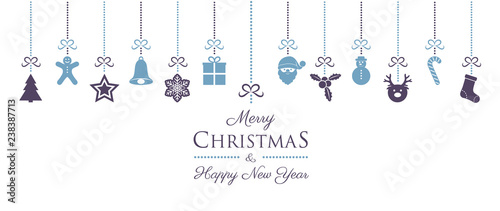 Beautiful Christmas banner with vintage hanging decorations. Vector.