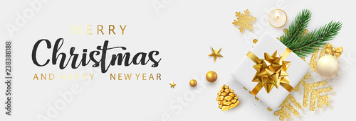 Merry Christmas and Happy New Year banner with top view gift and Christmas decorations.