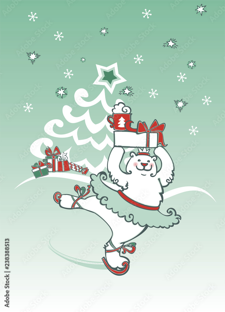 christmas card with polar bear and gifts