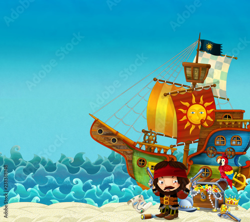 Cartoon scene of beach near the sea or ocean - pirate captain on the shore and treasure chest - pirate ship - illustration for children