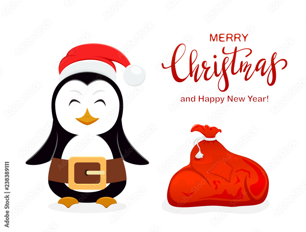 Christmas Penguin with Santa Hat and Red Sack on white background Christmas Penguin with Santa Hat and Red Sack on white background