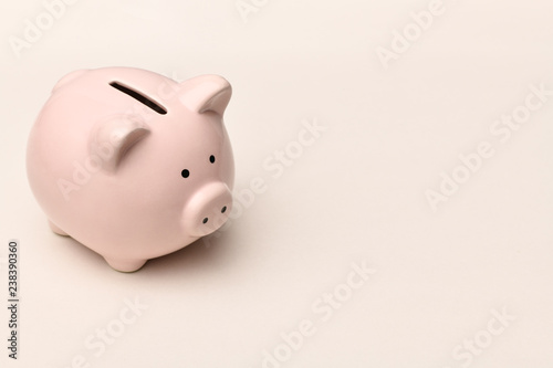 Pink piggy Bank stands on a gray background with a shadow. Horizontal photography