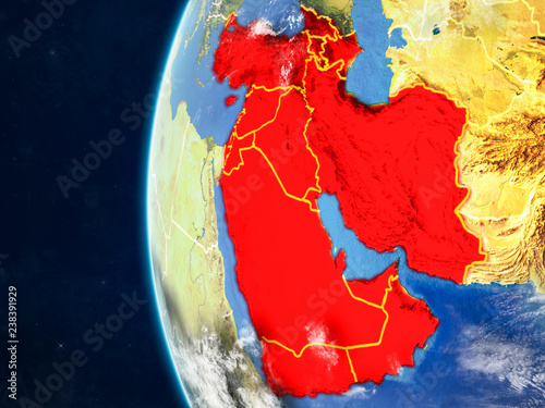 Western Asia from space on model of planet Earth with country borders and very detailed planet surface and clouds.