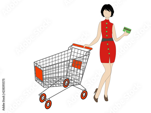 young woman with the shopping cart and a credit card