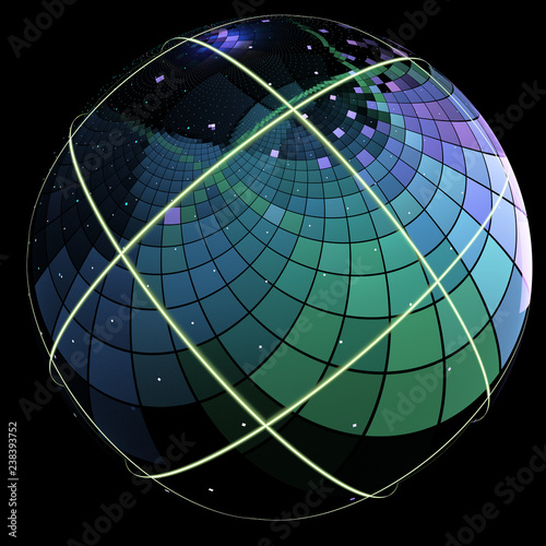A fractal with a planet-like sphere with its surface covered in squares, and bright lines crossing around it