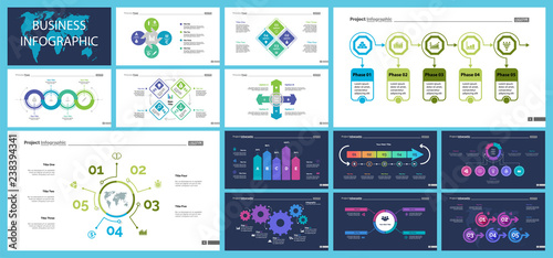 Business infographic creative design set can be used for annual report, web design, workflow layout. Workflow concept. Option, venn, cycle, donut charts, bar graph, flowchart