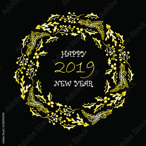 Gold christmas wreath Happy New Year, 2019 on black, typography banner floral cute design element for web, for print, for congratulation card