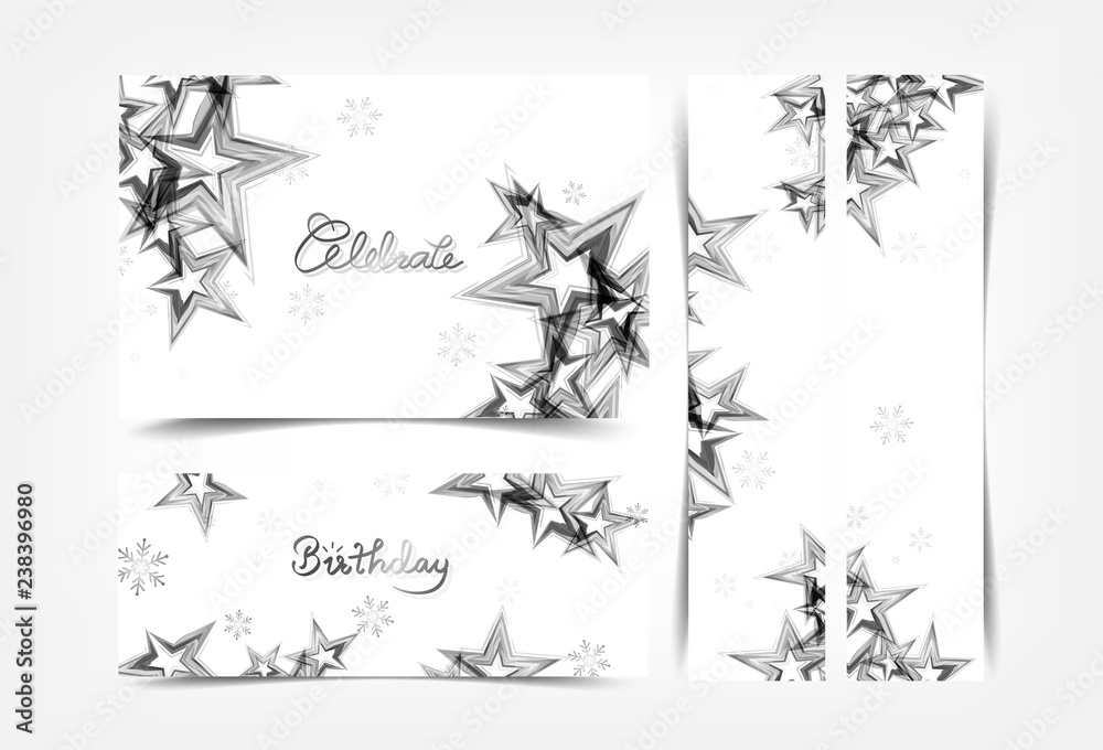 Celebrate, silver stars decoration banners, Christmas winter parties holiday, gift voucher and sales festival concept collection set abstract background vector illustration