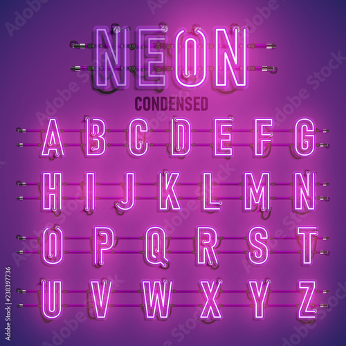 Realistic neon font with wires and console, vector illustration