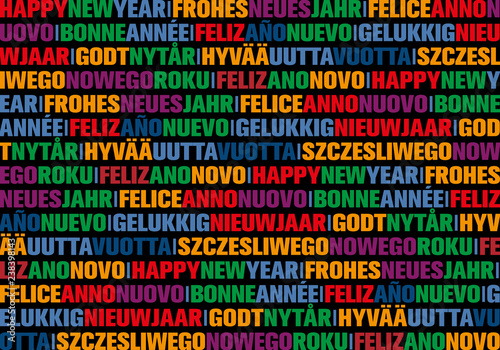 colorful happy new year greeting card in different languages