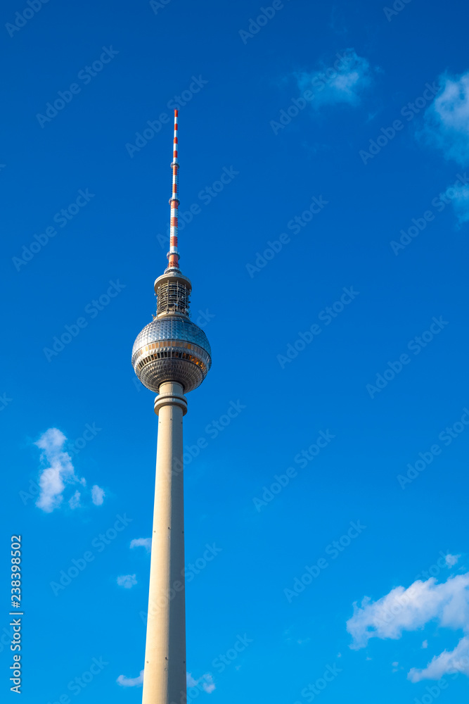 Berlin, Germany - Panoramic view of the Television Tower - Fernsehturm - at the Alexanderplatz square in the Mitte quarter of Berlin