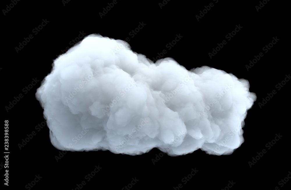 3d rendering of a white bulky cumulus cloud on a black background.