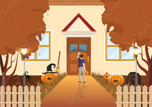 Boy knocking on the doors flat design autumn concept, trick or treat, pumpkin, cat and graveyard in night abstract background vector illustration