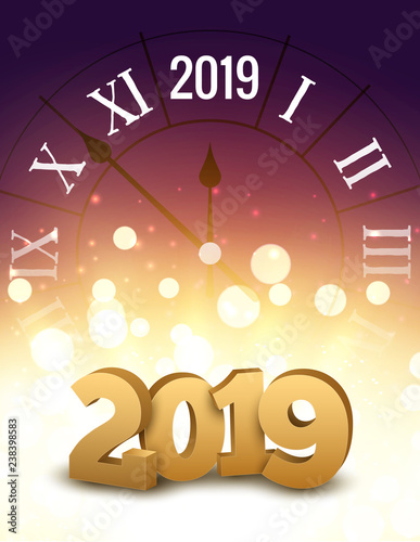2019 new year shining background with clock. Happy new year 2019 celebration decoration poster, festive card template photo