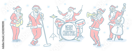 Santa Claus Christmas music band. Vector greeting card.