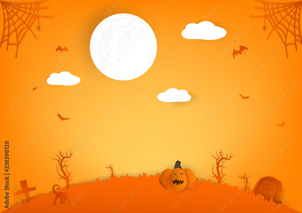 Halloween paper cut, pumpkin, spider and cat cartoon characters with full moon, autumn celebration party abstract background vector illustration