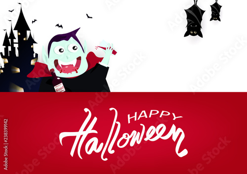 Halloween, vampire drinking blood cartoon collection with bats hanging, celebration party background banner poster invitation card vector illustration