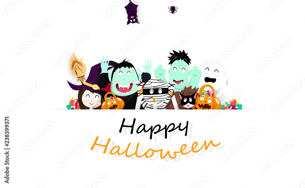 Fototapeta premium Happy Halloween, surprise party paper art, cartoon character for kids, celebration festival poster, invitation card holiday background vector illustration