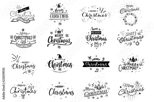 Set of Merry Christmas and 2019 Happy New Year card, sticker Set quotes with snowflakes, snowman, santa claus, candy, sweet candy, cookies. Vector. Vintage typography design for xmas, new year emblem