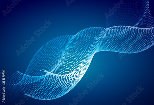 Abstract blue digital landscape with flowing particles. Cyber or technology background.