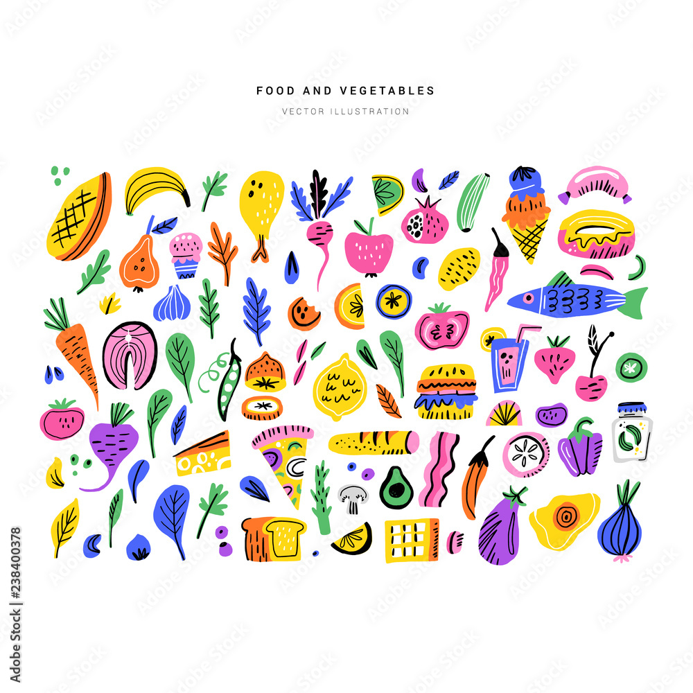 Food color hand drawn illustrations set