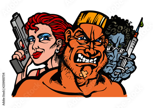 comic killers Beautiful woman with gun and strong muscular man and dangerous professor with poison