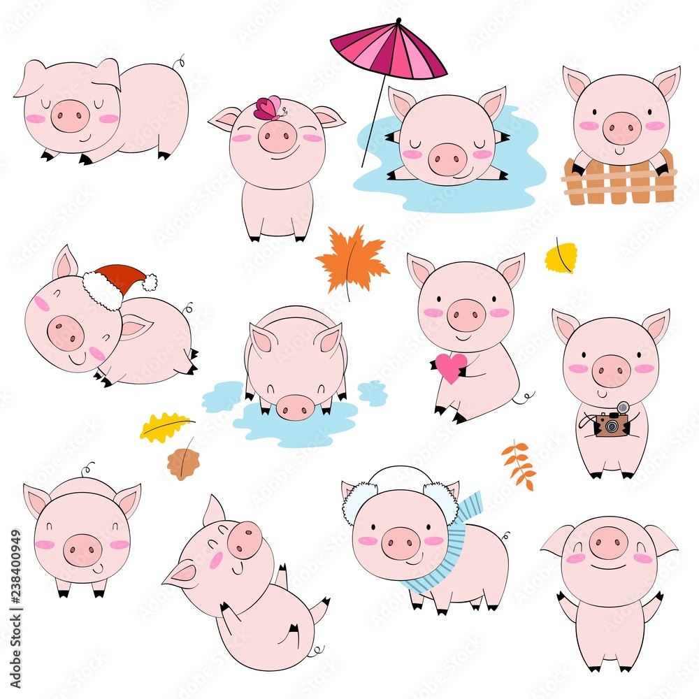 Vector set of cartoon pink pigs in various poses and different emotions.